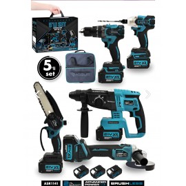  Assur 21V 2.0AH Kömürsüz Darbeli 5'li Set Şarjlı Hilti + Taşlama + Somun Sıkma + Akülü Vidalama + Budama Testeresi