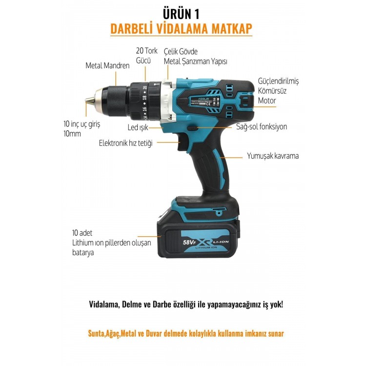 Assur ASR1041 Akülü 4lü Makine Seti Somun Sökme Vidalama Matkap Kırıcı Delici