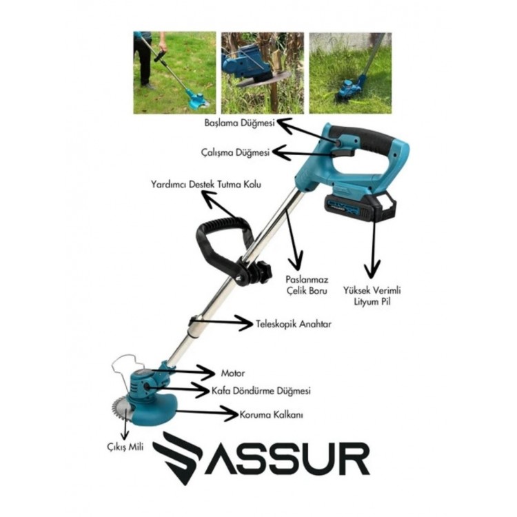 ASR 776 Seri Çift Akülü Ot Çim Çalı Diken Biçme Tırpanı 3800 Vf 20 Ah Teleskopik Uzatmalı