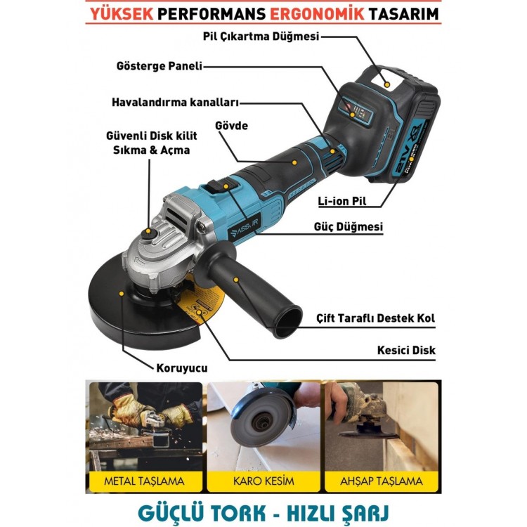 Assur 21V Çift Akülü 125mm Kömürsüz Şarjlı Taşlama