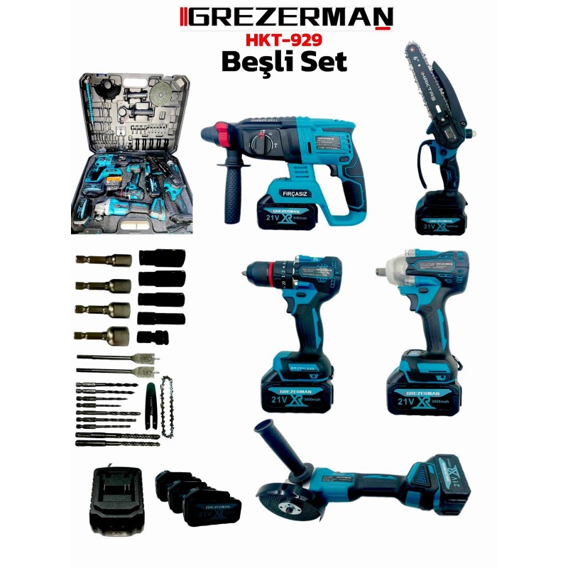 HAKTAŞ HKT-929 5Lİ AKÜLÜ SET ( KIRICI + TAŞLAMA + MATKAP + SOMUN SIKMA + ZİNCİRLİ TESTERE)