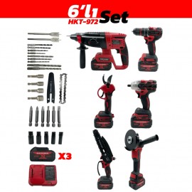 Haktaş HKT-972 6'lı Akülü Şarjlı Set - Matkap, Hilti, Spiral, Somun Sıkma, Budama Makası, Testere