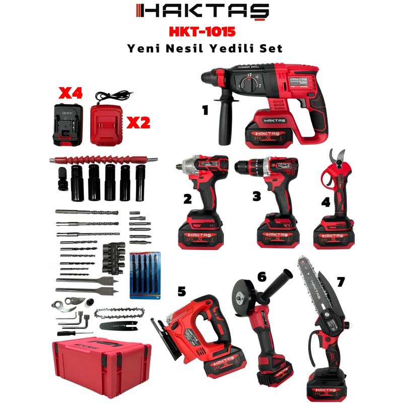 Haktaş HKT1015 Yeni Nesil Kırmızı 7li Şarjlı Vidalama Matkap Seti 21V 3ah (Kırıcı Delici, Somun Sıkma, Vidalama, Dal Budama Makası, Dekupaj, Avuç Taşlama, Dal Testeresi)