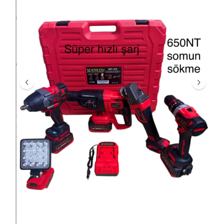 Haktaş 5'li set: Şarjlı matkap, spral, hilti, somun sökme, LED fenerli komplet set