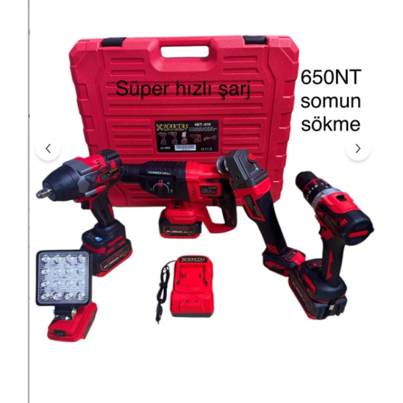 Haktaş 5'li set: Şarjlı matkap, spral, hilti, somun sökme, LED fenerli komplet set