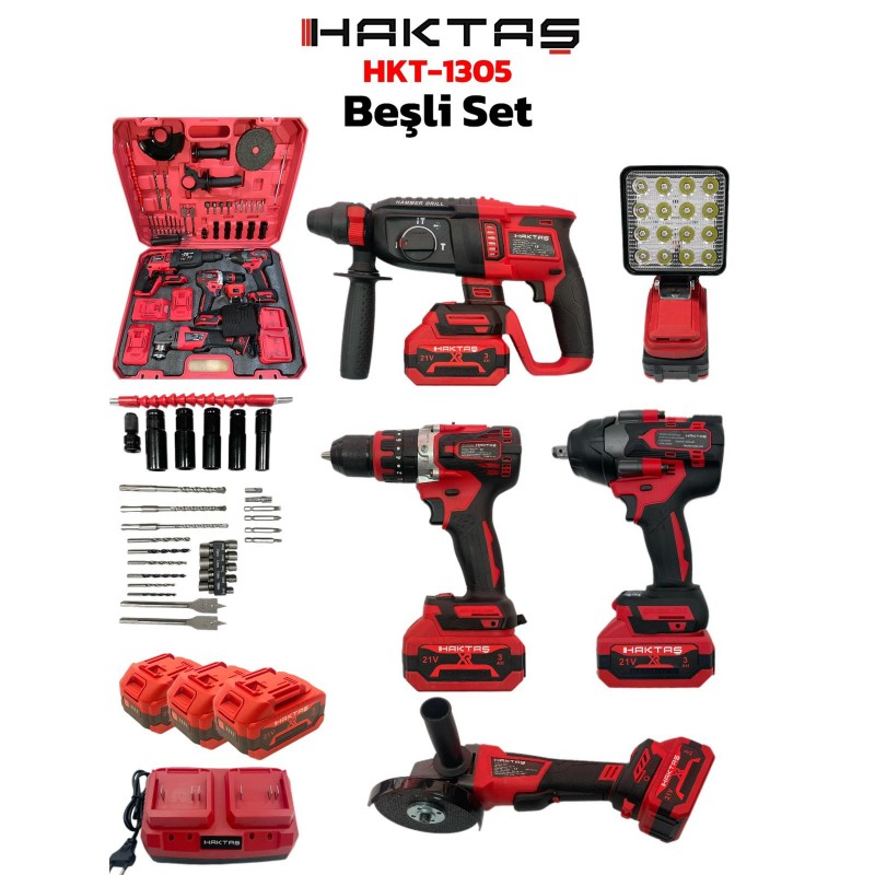 Haktaş 5'li set: Şarjlı matkap, spral, hilti, somun sökme, LED fenerli komplet set