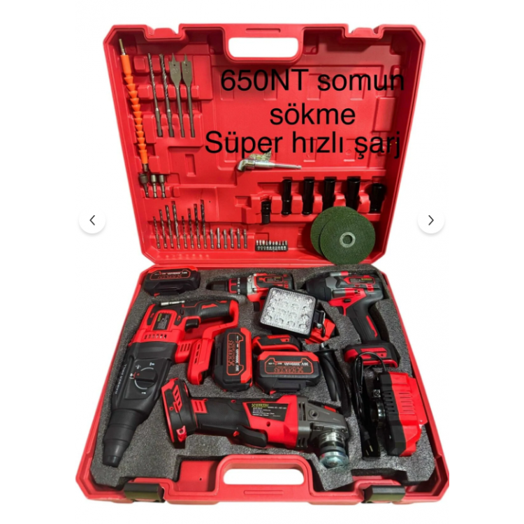 Haktaş 5'li set: Şarjlı matkap, spral, hilti, somun sökme, LED fenerli komplet set