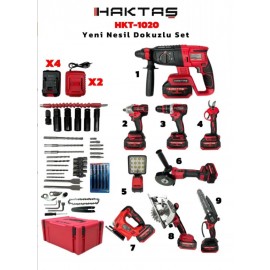 Haktaş Yeni Nesil Kırmızı 9'lu Profesyonel Şarjlı El Aletleri Seti | Full Aksesuar | 4 Batarya 2 Şarj Aleti