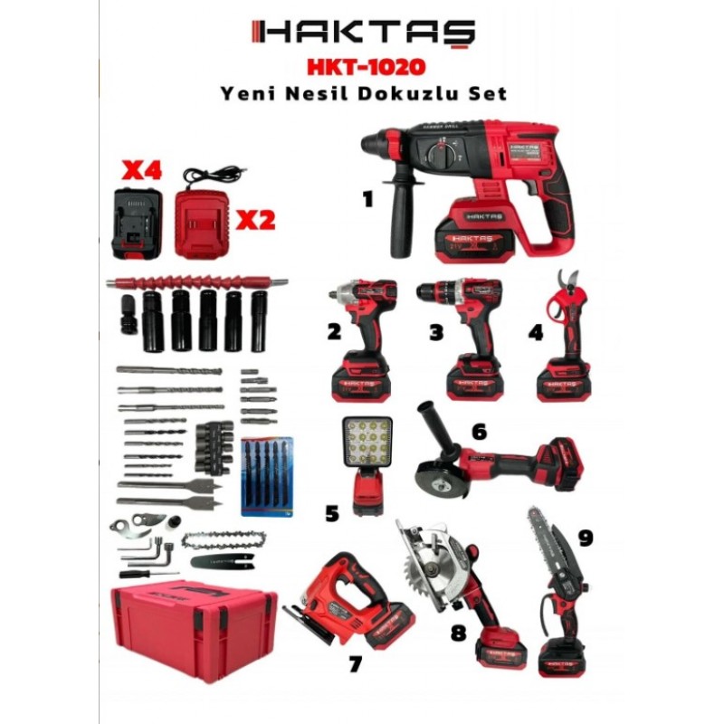 Haktaş Yeni Nesil Kırmızı 9'lu Profesyonel Şarjlı El Aletleri Seti | Full Aksesuar | 4 Batarya 2 Şarj Aleti