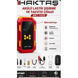 Haktaş HKT-1430 4'ü 1 arada taşınabilir akülü lastik şişirme ve akü takviye cihazıdır 